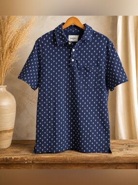 Goodfellow & Co Navy Blue Printed Cotton Polo Shirt Men’s Large Short Sleeve L